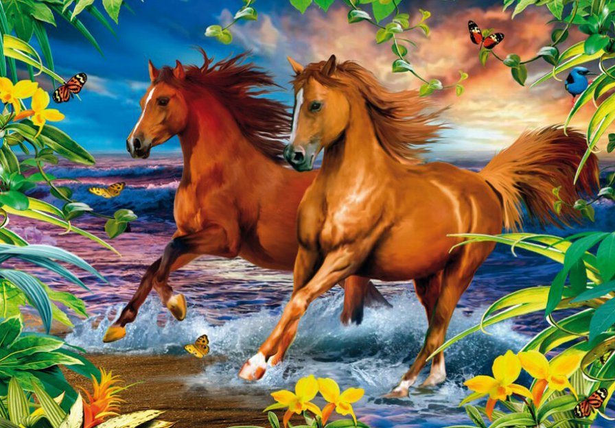 Лошади из моря - лошади, пена, волна, берег, море - оригинал