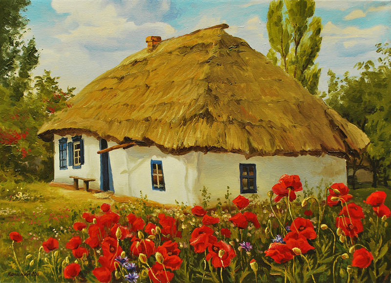 Дом в деревне - дом, природа, цветы, маки - оригинал