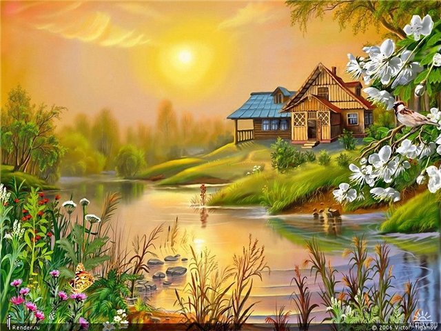 Дом на берегу реки - пейзаж, природа, река, дом - оригинал