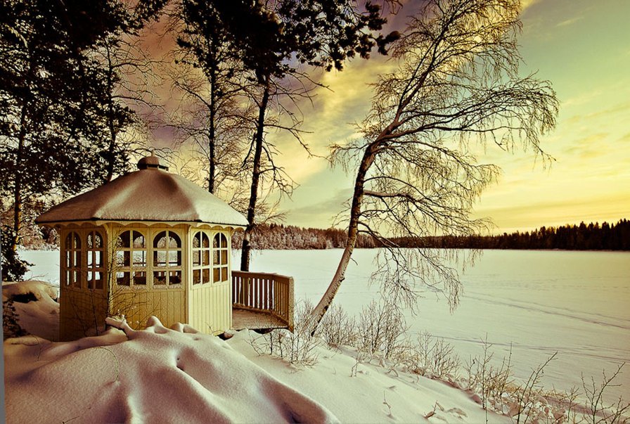 Зима - беседка, река, снег, пейзаж, природа - оригинал