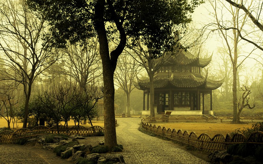 Китай - почти монохром - пагода, природа, беседка, пасмурно, пейзаж - оригинал