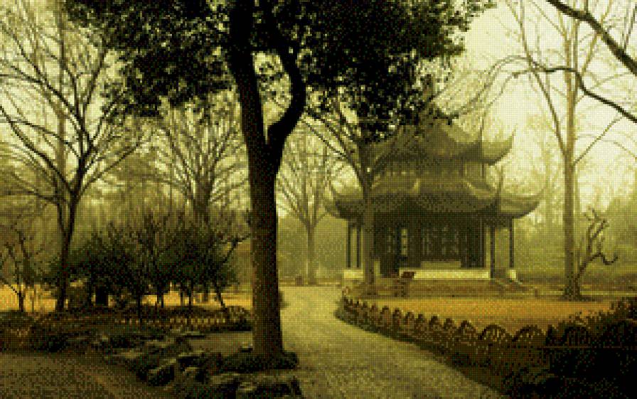 Китай - почти монохром - беседка, природа, пейзаж, пагода, пасмурно - предпросмотр