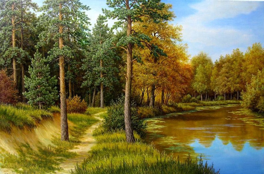 картина - пейзаж, лес, природа, речка - оригинал