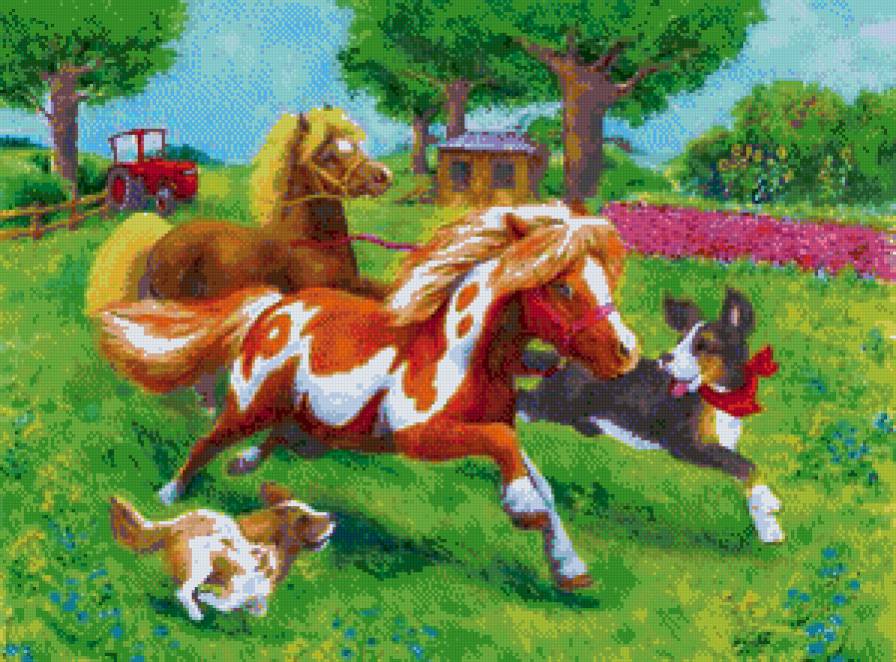 на ферме - лошадь, щенки, детское, лошади, собаки, собака, собачки, лошадка - предпросмотр