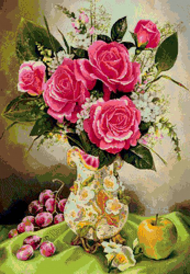 Натюрморт - розы, букет, цветы, виноград - предпросмотр