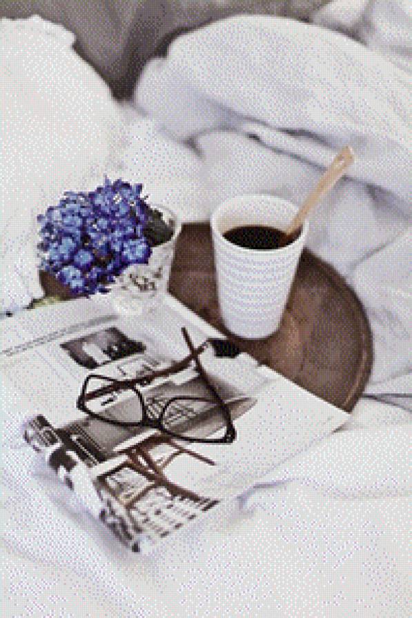 Утро - пастель, газета, кофе, цветы, утро, очки - предпросмотр