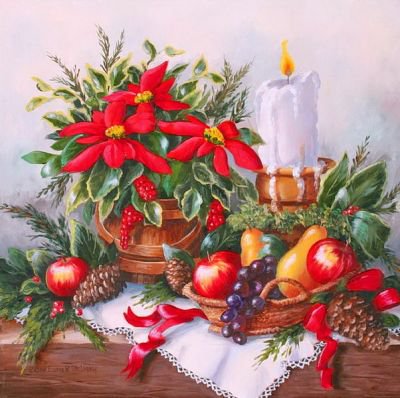 рождество - рождество, свеча, картина, натюрморт, вазон, фрукты - оригинал