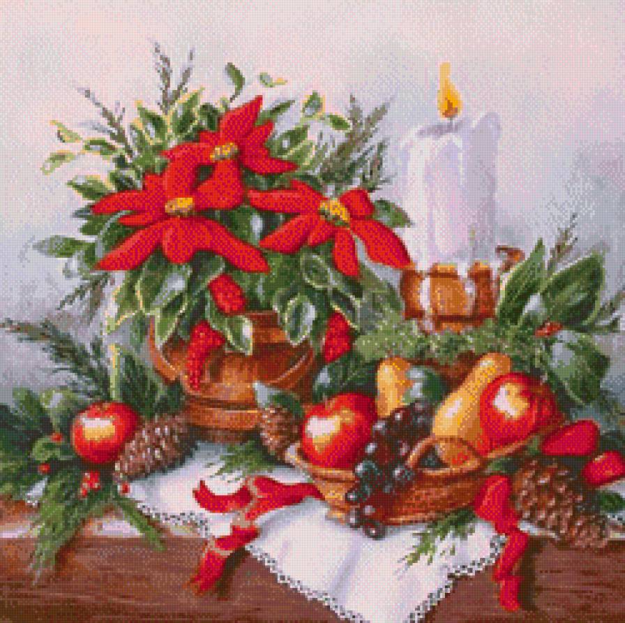 рождество - рождество, натюрморт, вазон, фрукты, свеча, картина - предпросмотр