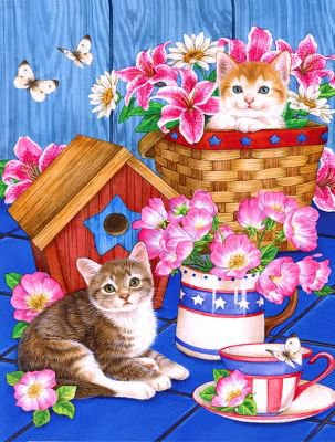 кошечки - вазон, кошка, лилии, животные, цветы, кошки, картина, кот - оригинал