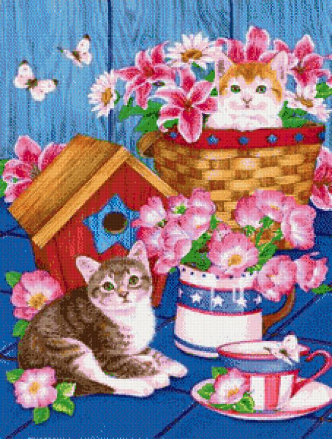 кошечки - картина, животные, кошки, кот, лилии, вазон, цветы, кошка - предпросмотр