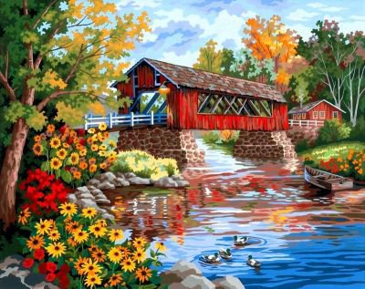 мостик - природа, мост, цветы, пейзаж, пруд - оригинал