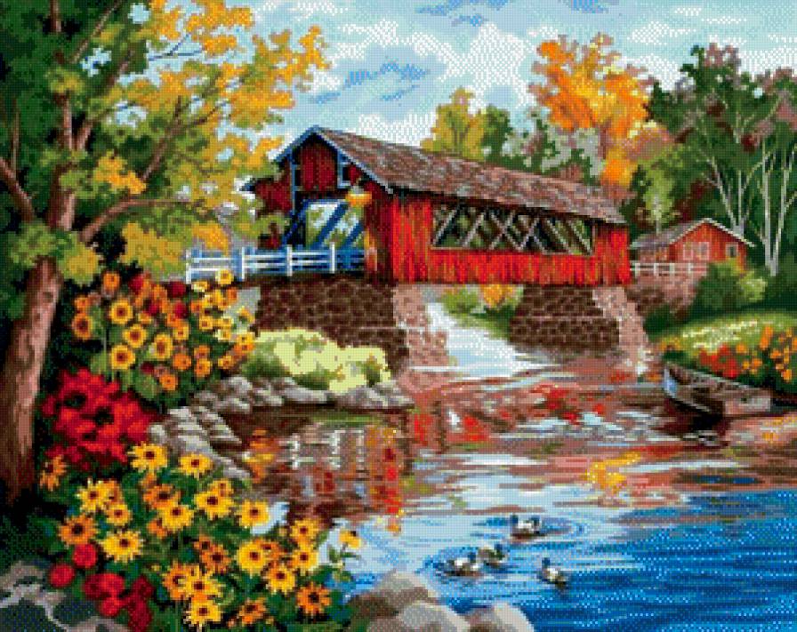 мостик - пруд, природа, мост, цветы, пейзаж - предпросмотр