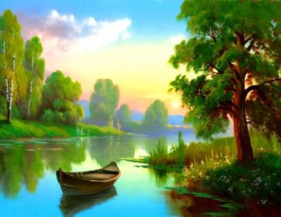 прудик - река, пейзаж, природа, лес, пруд, лодка, картина, ставок - оригинал