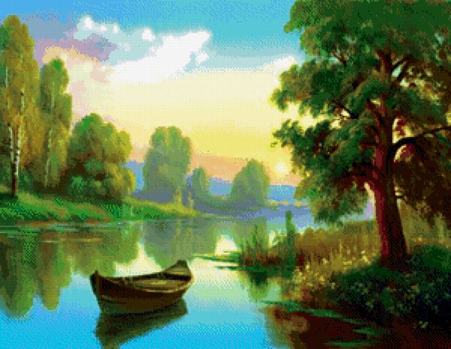 прудик - картина, лес, природа, ставок, пруд, лодка, река, пейзаж - предпросмотр