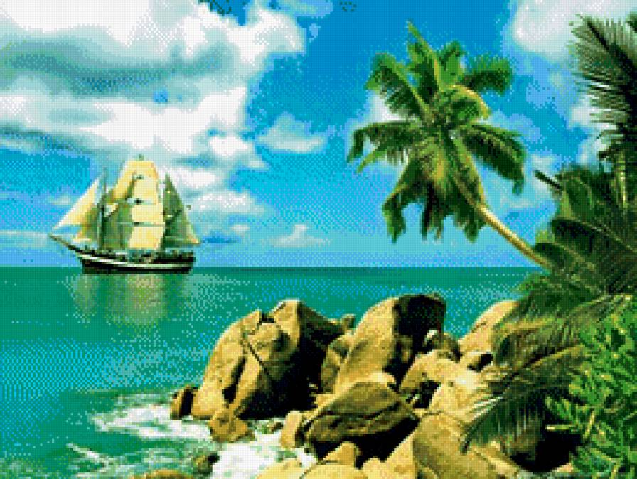 остров - парусник, море, корабль, остров, морская тематика, пальмы - предпросмотр