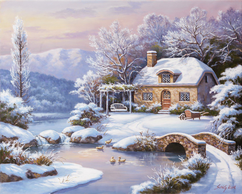 картина - пейзаж, зима, дома, природа, речка - оригинал