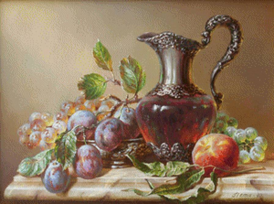 Натюрморт с виноградом и сливами - фрукты, кухня - предпросмотр