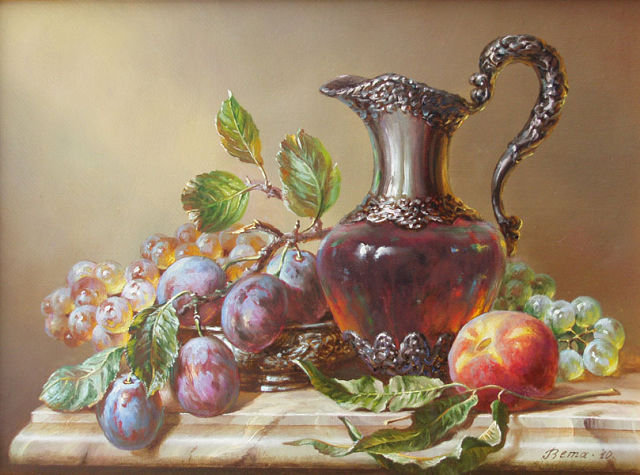 Натюрморт с виноградом и сливами - фрукты, кухня - оригинал