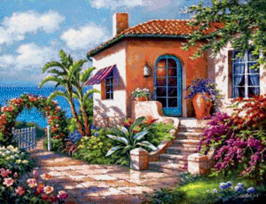 домик - пейзаж, цветы, море, дом, картина - предпросмотр
