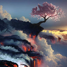 Цветущая сакура на краю вулкана
