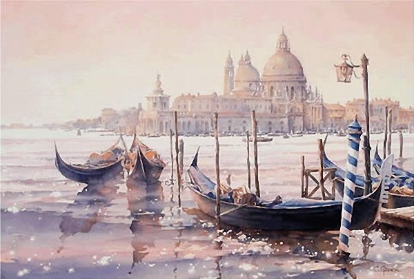 венеция - венеция, река, пейзаж, город, гондола, фонарь, живопись - оригинал