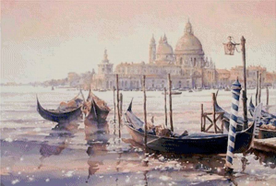 венеция - город, гондола, живопись, река, венеция, пейзаж, фонарь - предпросмотр