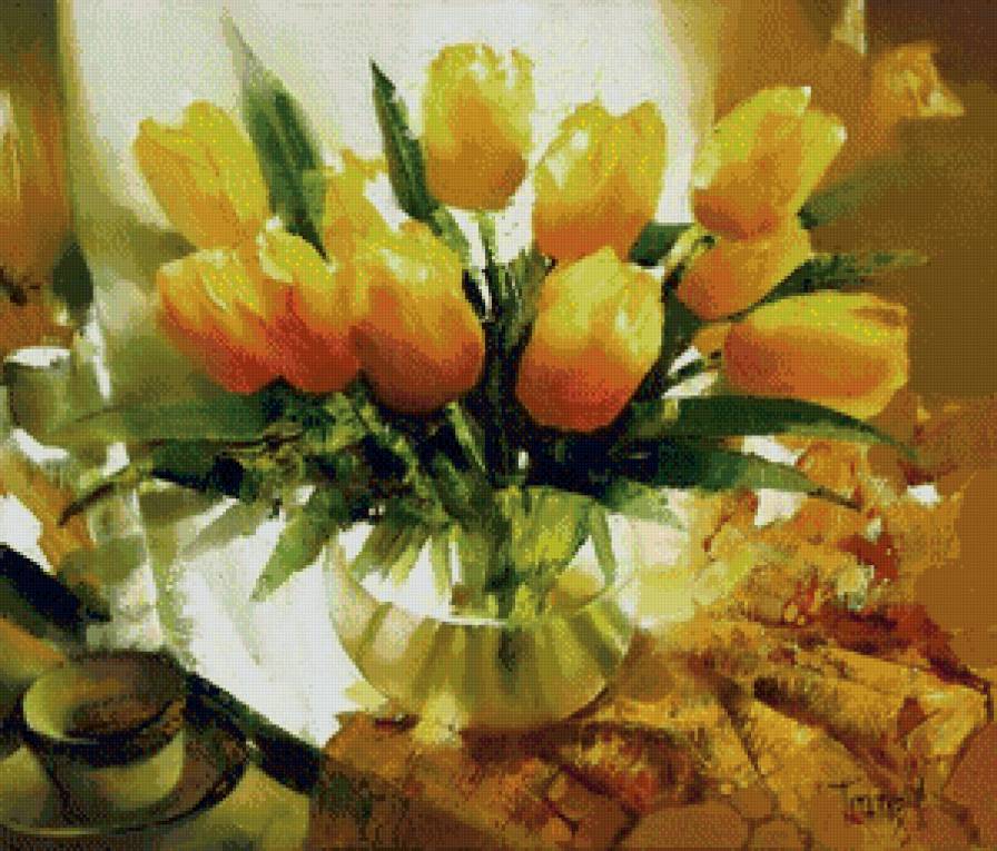 жёлтые тюльпаны в вазе - тюльпаны, букет, нежность, натюрморт, живопись, ваза - предпросмотр