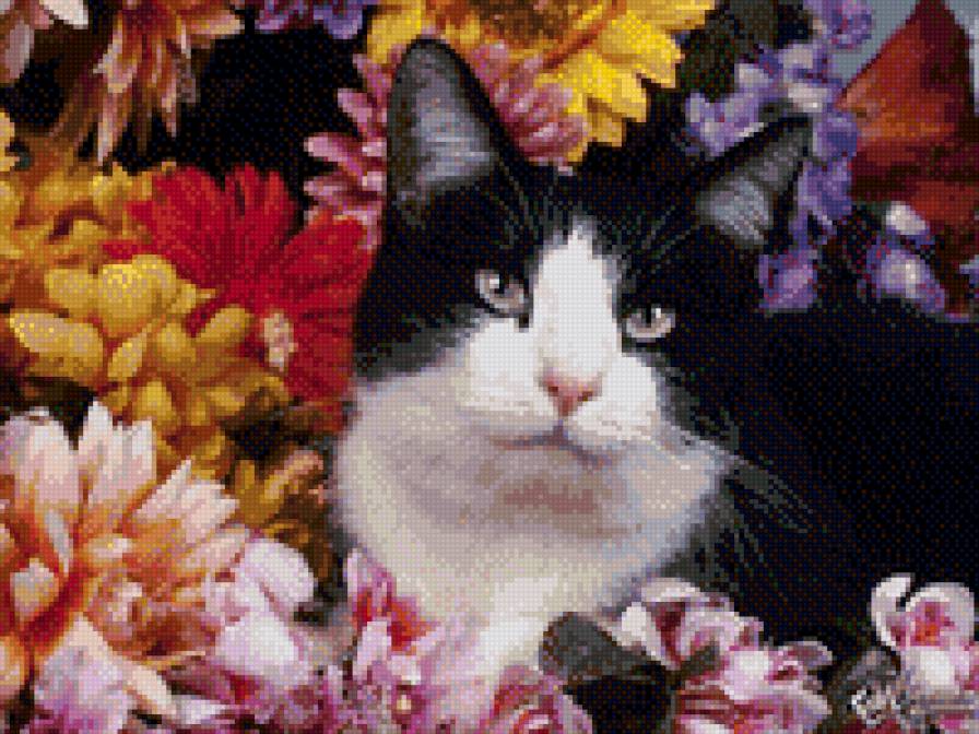Кот в цветах - кот, цветы, краски - предпросмотр