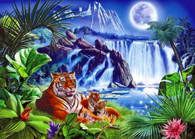 тигры - пейзаж, тигр, картина, природа, хищники, животные, водопад, кошки - оригинал