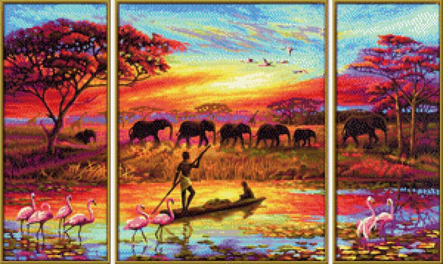 Триптих - триптих, деревья, слоны, фламинго - предпросмотр