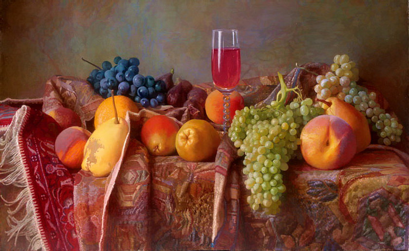 натюрморт - персики, вино, скатерть, натюрморт, фрукты - оригинал