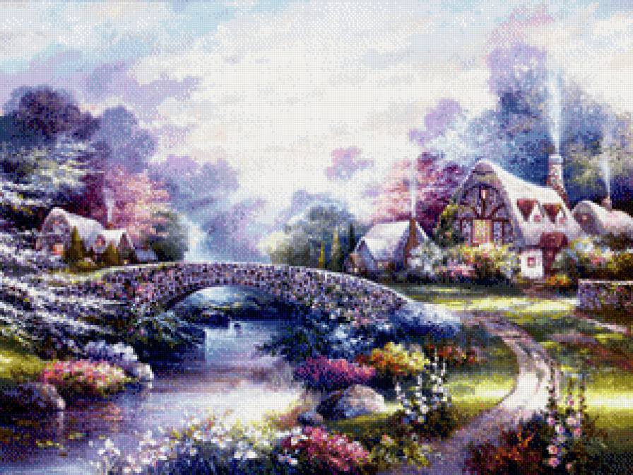 Домик - мост, домик, речка, цветы - предпросмотр