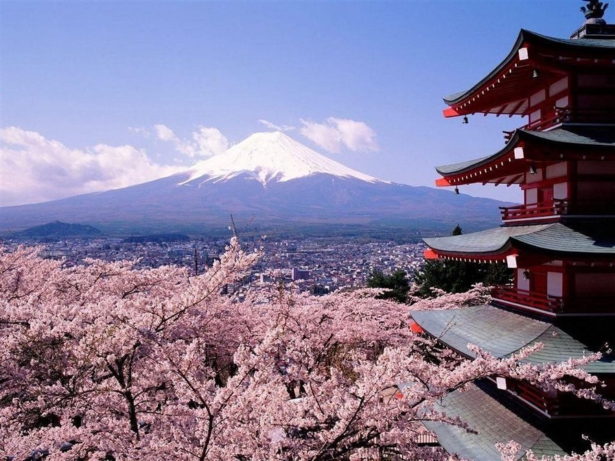 пейзаж - япония, горы, сакура - оригинал