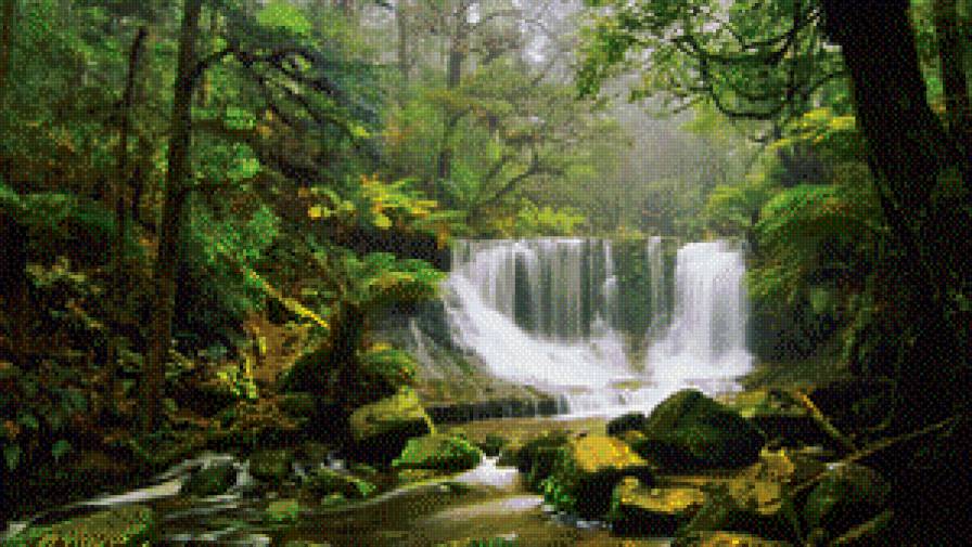 Водопад в лесу - вода, лес, река. водопад, пейзаж - предпросмотр