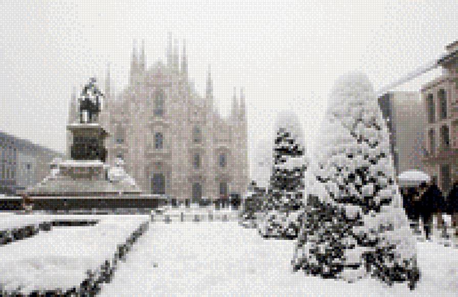 зимняя улица в Милане, Италия - пейзаж, зима, снег, архитектура, монохром, милан, италия - предпросмотр