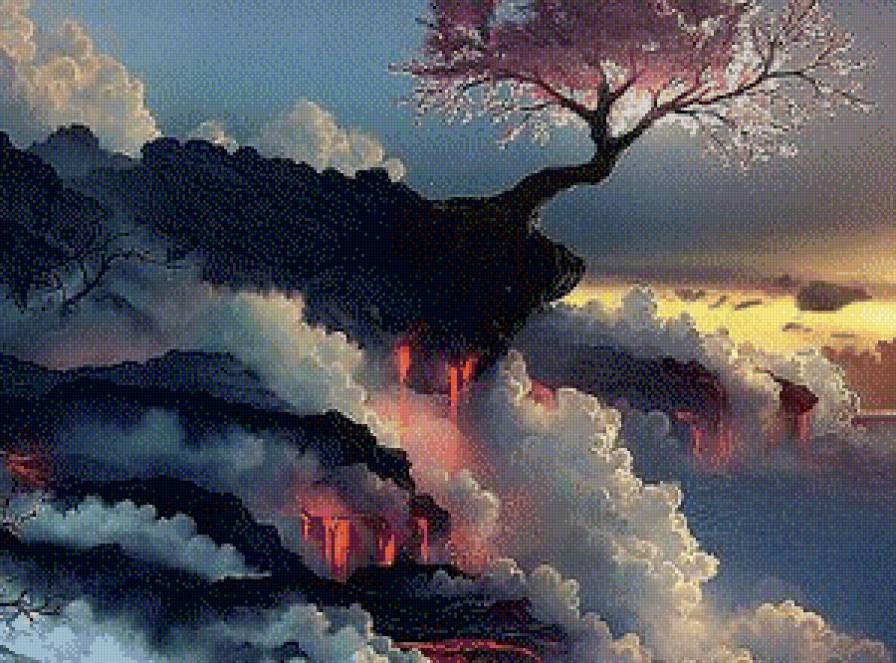 Цветущая сакура на краю скалы - сакура, скалы, япония, облака, красота, природа - предпросмотр