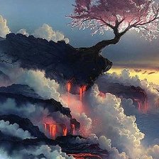 Цветущая сакура на краю скалы