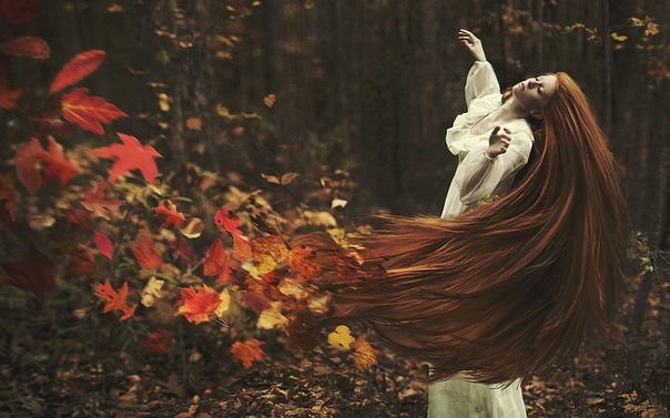 Осень - девушка, лес, листопад, осень, фея - оригинал