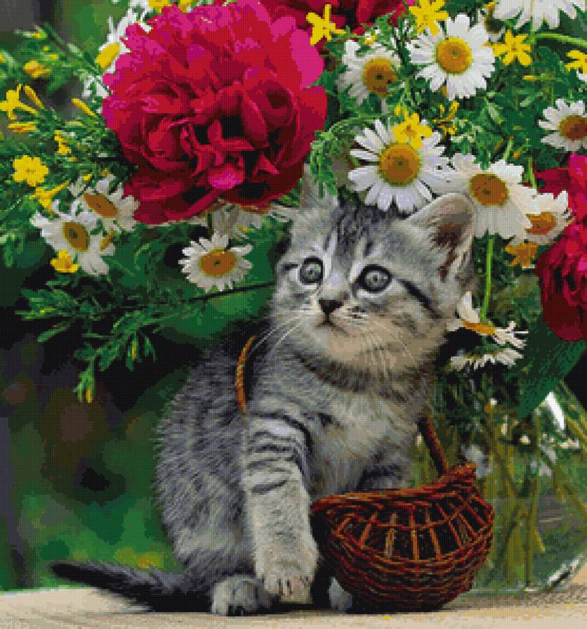 цветочница - котики, коты, цветы, букет, кот - предпросмотр