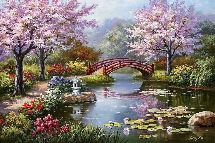 Японский сад - мост, деревья, вода, природа, сад, япония - оригинал