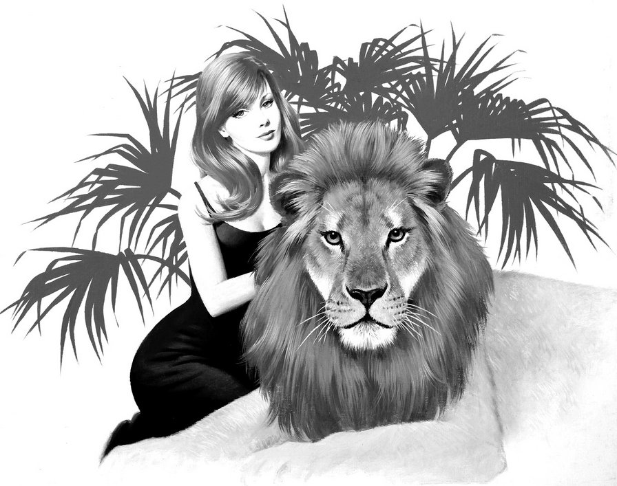 Леди со львом... - большие кошки, монохром, люди, животные, лев, дама - оригинал