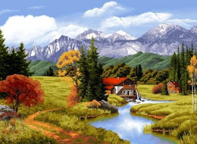 картина - горы, пейзаж, домик, река, дом, природа, речка - оригинал