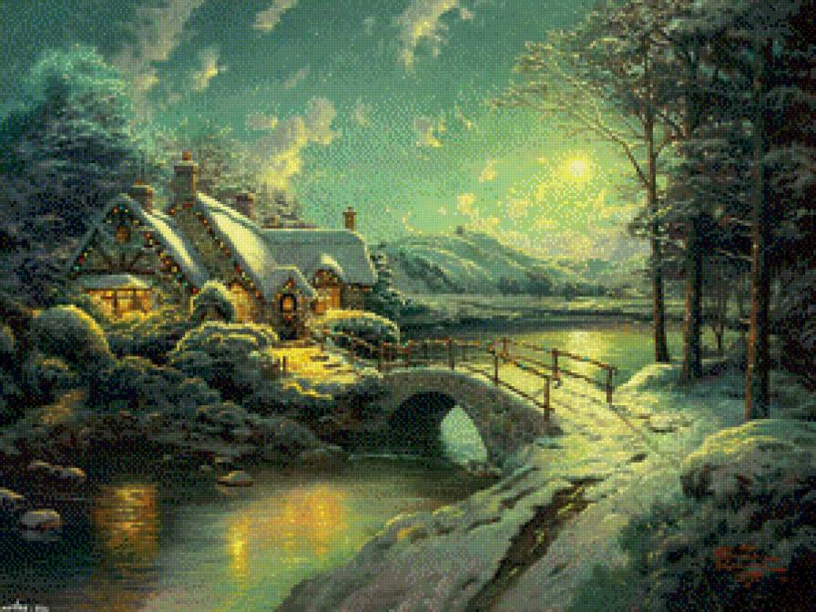 Зима - новый год, сумерки, домик, рождество, река, снег, мост - предпросмотр