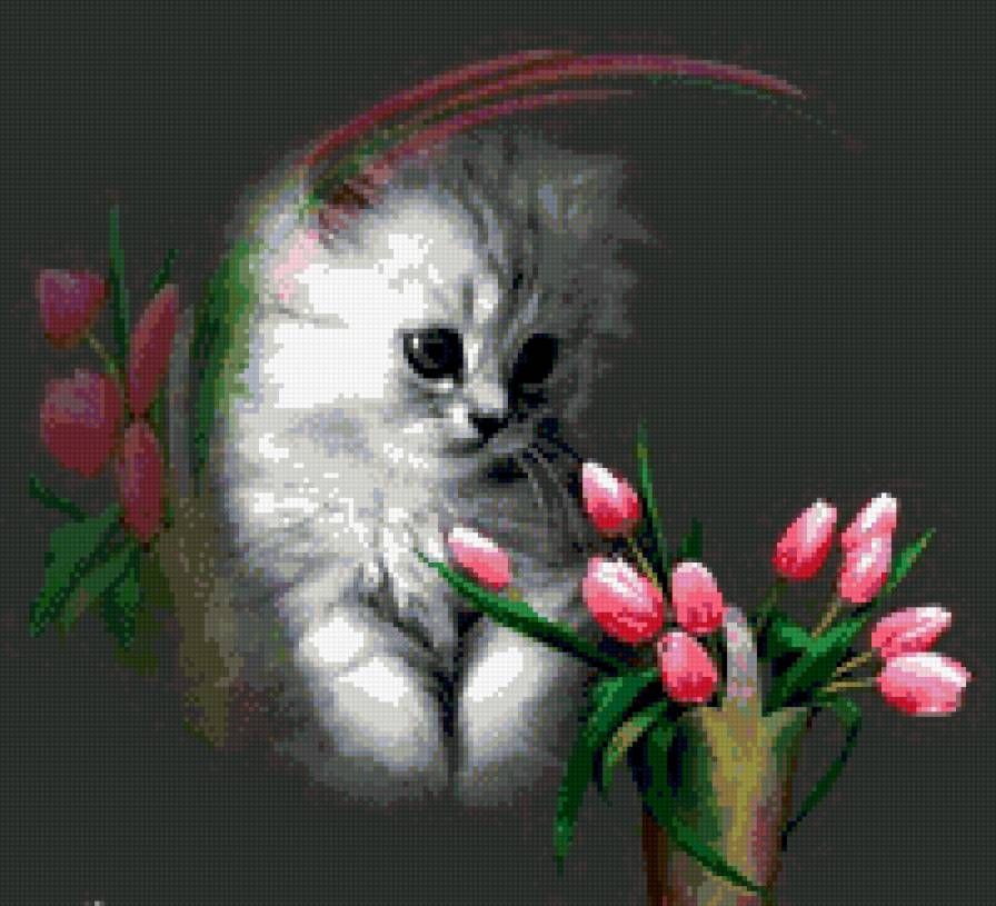 котенок с тюльпанами - кот, цветок, котенок, тюльпаны - предпросмотр