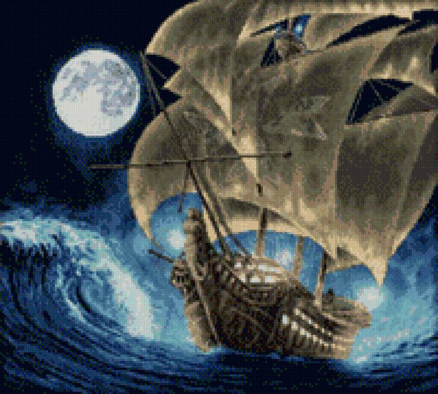 парусник - море, волны, ночь, луна, корабль - предпросмотр