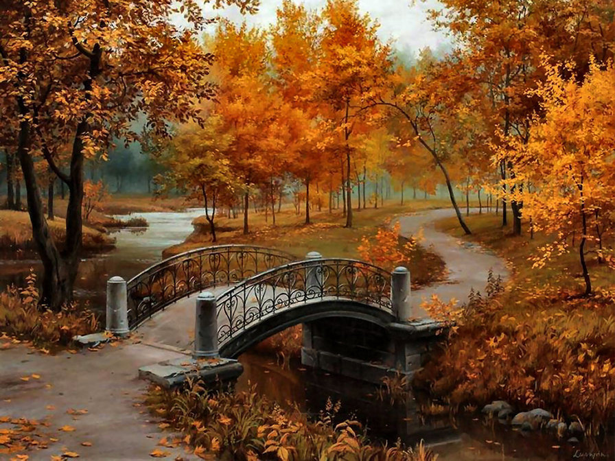 осенний парк-у моста - осень, речка.мост, парк - оригинал