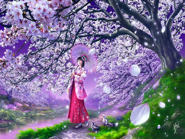 В цветущем саду - девушка, цветение сакуры, япония - оригинал