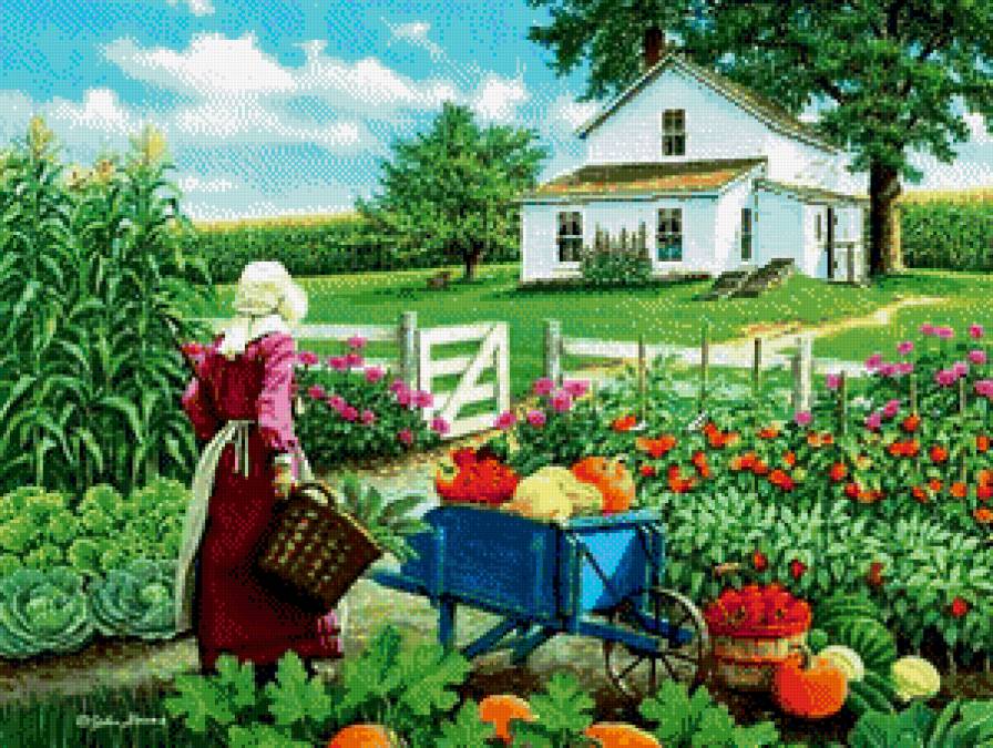 урожай - девушки, овоюдищи, л, картина, огород, урожай, природа - предпросмотр