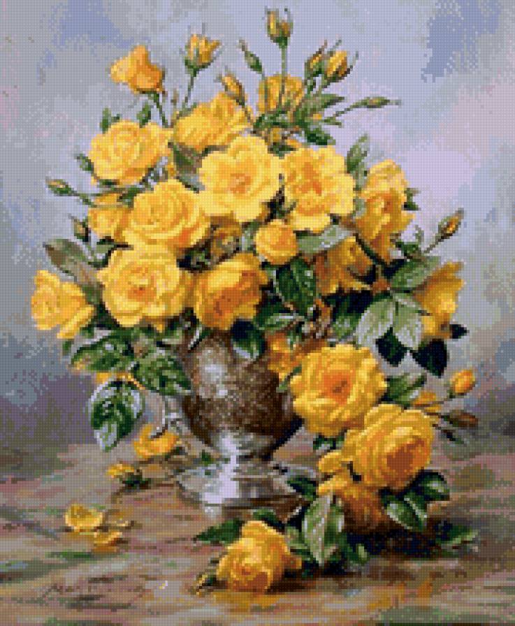 Желтые цветы - букет, ваза, цветы, живопись, розы - предпросмотр