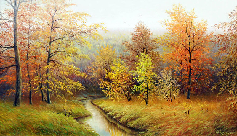 картина - речка, березы, лес, пейзаж, осень, природа - оригинал